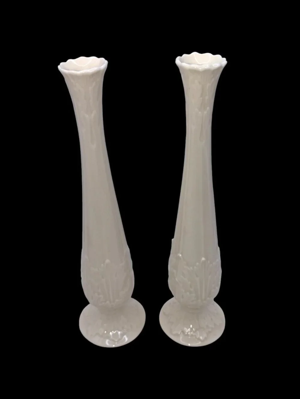 Pair Lenox Ivory Bud Vases Embossed Floral Porcelain Candlestick Style 10.75